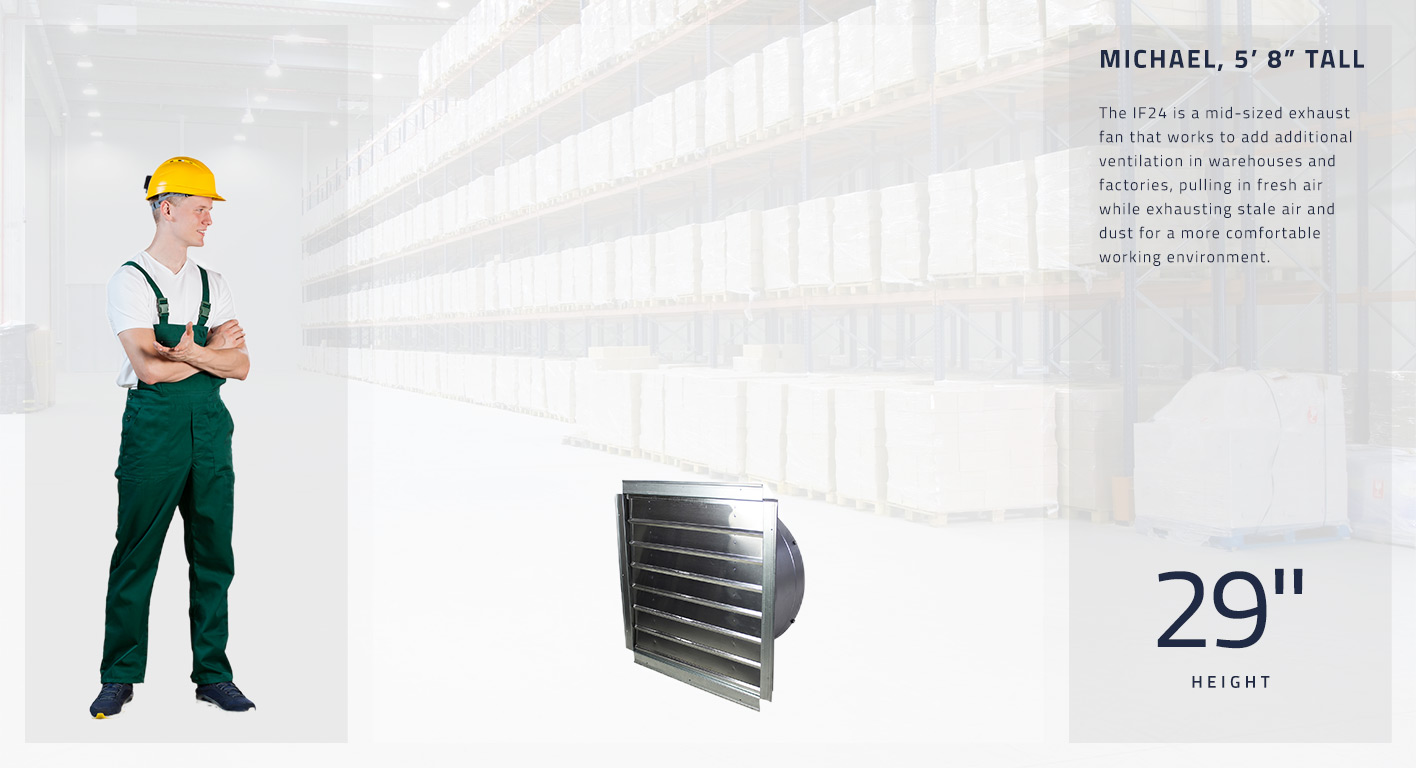 The IF24 is a mid-sized exhaust fan that works to add additional ventilation in warehouses and factories, pulling in fresh air while exhausting stale air and dust for a more comfortable working environment. This fan measures 29 inches high.