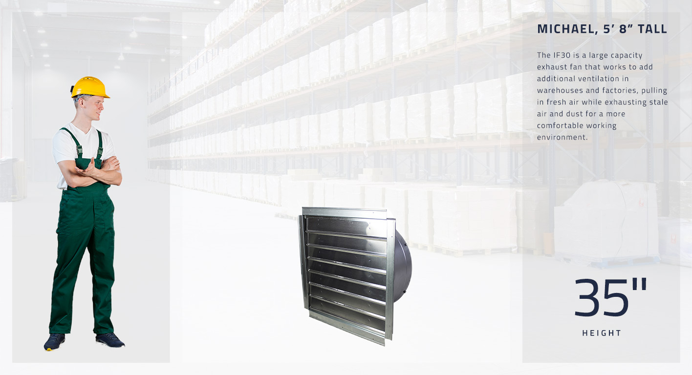 The IF30 is a large capacity exhaust fan that works to add additional ventilation in warehouses and factories, pulling in fresh air while exhausting stale air and dust for a more comfortable working environment. This fan measures 35 inches high.