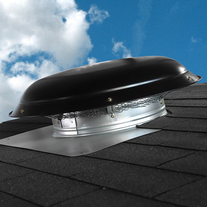 Roof mount power attic fan installed on the roof of a home.