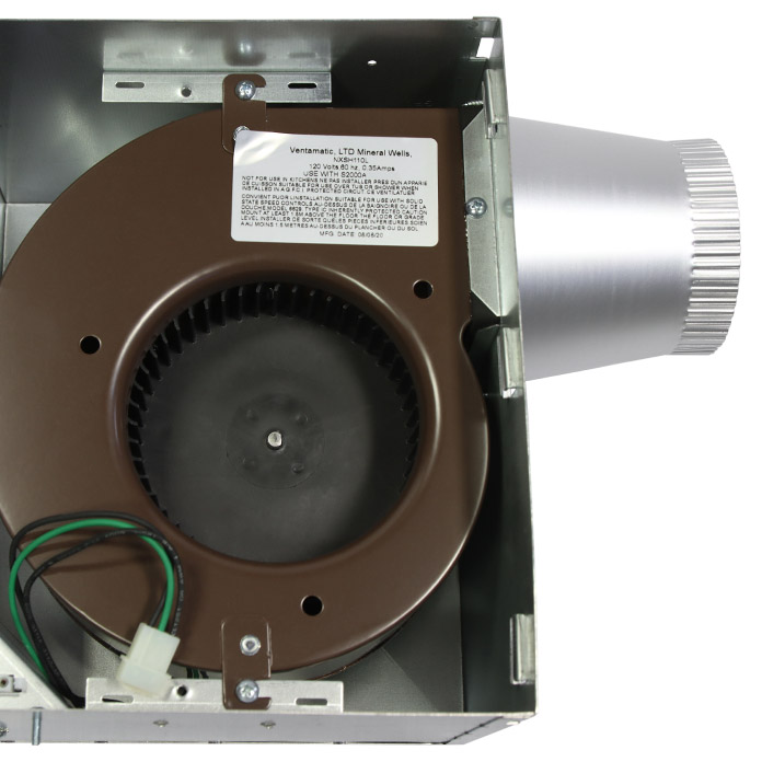 Internal view of the bath fan motor and blower wheel with the grille removed.