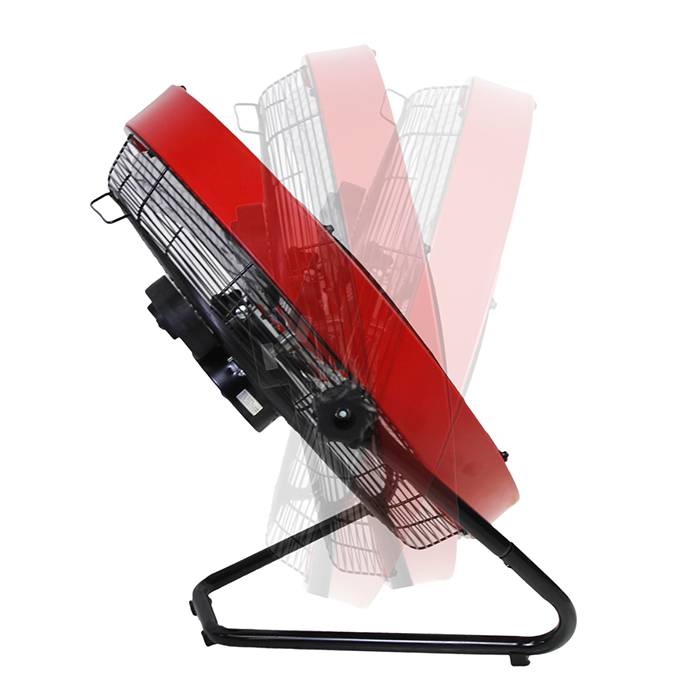 Profile view of the 20 in. floor fan with shroud showing the tilt function.