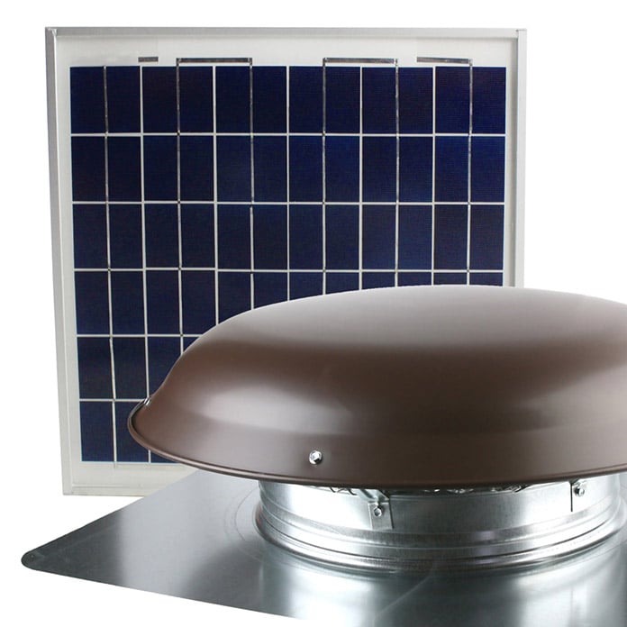 Close-up of the multi-crystal solar panel with the roof fan in brown finish.