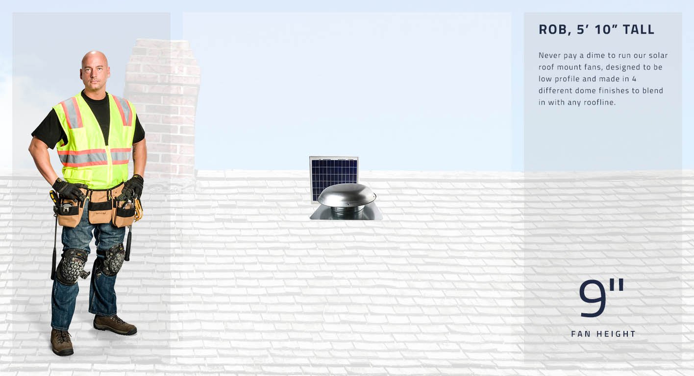 Never pay a dime to run our solar roof mount fans, designed to be low profile and made in 4 different dome finishes to blend in with any roofline. This roof fan is only 9 inches high.