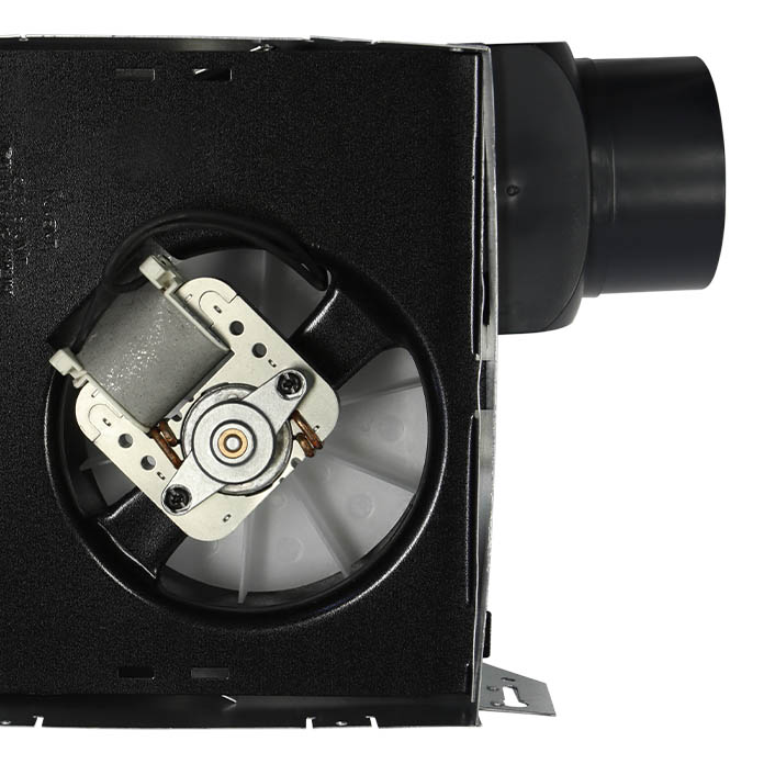View of the bath fan motor and blower wheel beneath the grille.