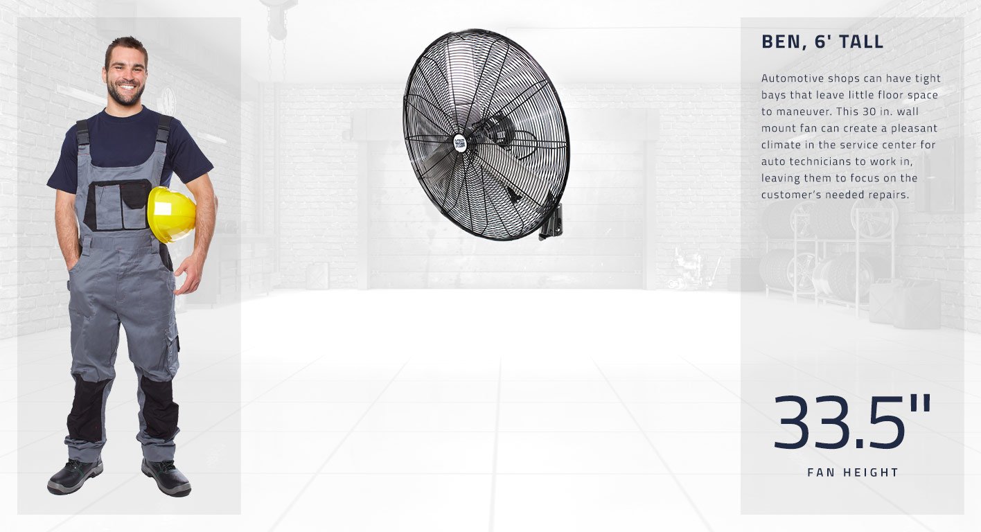 Automotive shops can have tight bays that leave little floor space to maneuver. This 30 in. wall mount fan can create a pleasant climate in the service center for auto technicians to work in, leaving them to focus on the customer’s needed repairs. This fan is 33.5 inches tall.