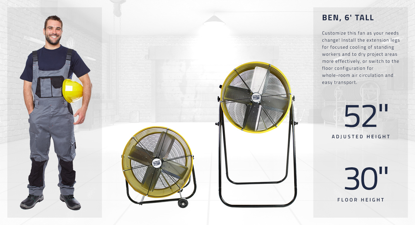 The fan is customizable and can be used in the 30 inch tall floor configuration or can reach 52 inches tall with the included extension leg kit to effectively cool at standing height.