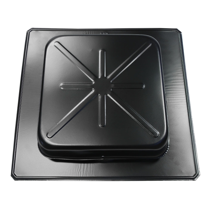 Front angled view of square top vent showing the streamlined design against a roof.