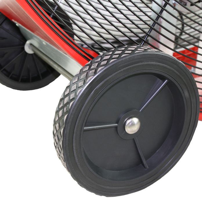 Close-up of the pre-installed diamond tread wheels.