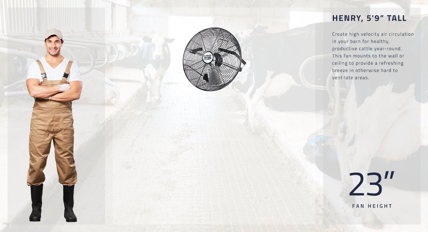 Create high velocity air circulation in your barn for healthy, productive cattle year-round. This fan mounts to the wall or ceiling to provide a refreshing breeze in otherwise hard to ventilate areas. This fan is 23 inches high in the ceiling mount position.