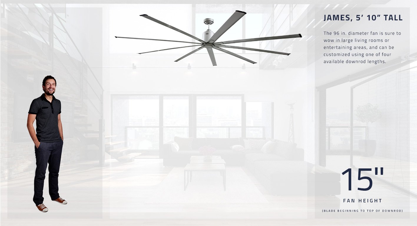The 96 in. diameter fan is sure to wow in large living rooms or entertaining areas, and can be customized using one of four available downrod lengths. With the standard 6 in. downrod provided, this fan hangs at 15 inches tall.