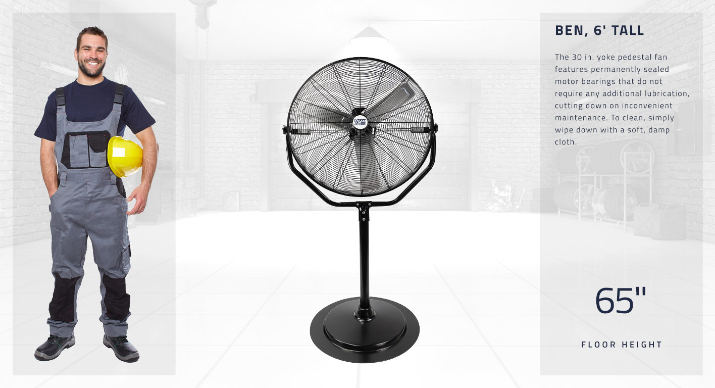 The 30 in. yoke pedestal fan features permanently sealed motor bearings that do not require any additional lubrication, cutting down on inconvenient maintenance. To clean, simply wipe down with a soft, damp cloth. This fan stands at 65 inches tall.