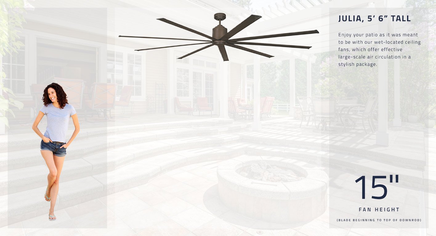 Enjoy your patio as it was meant to be with our wet-located ceiling fans, which offer effective large-scale air circulation in a stylish package. With the 6 in. downrod provided, this fan hangs at 15 inches tall.