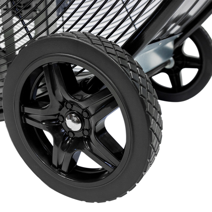 Close-up view of the 9 in. diamond tread wheels.