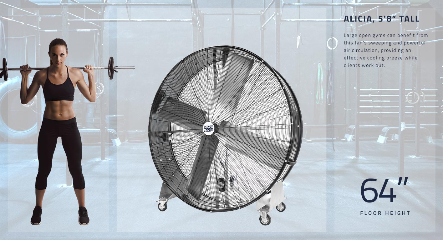 Large open gyms can benefit from this fan’s sweeping and powerful air circulation, providing an effective cooling breeze while clients work out. This fan stands at 64 inches tall.