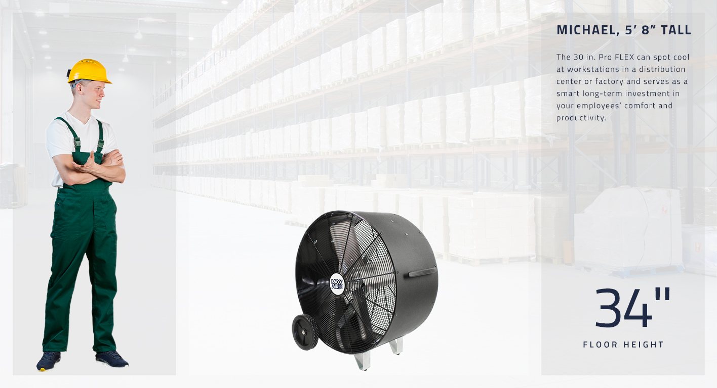 The 30 in. polyethylene fan stands at 34 inches tall. It can spot cool at workstations in a distribution center or factory and serves as a smart long-term investment in your employees' comfort and productivity.