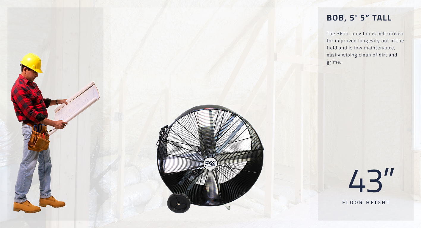 The 36 in. poly fan stands at 43 inches tall and is a low maintenance solution for powerful air circulation for contractor and construction projects.