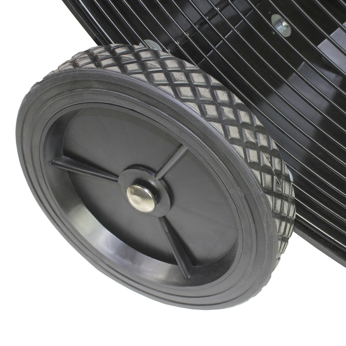 Close-up view of the 9 inch rubber wheels.
