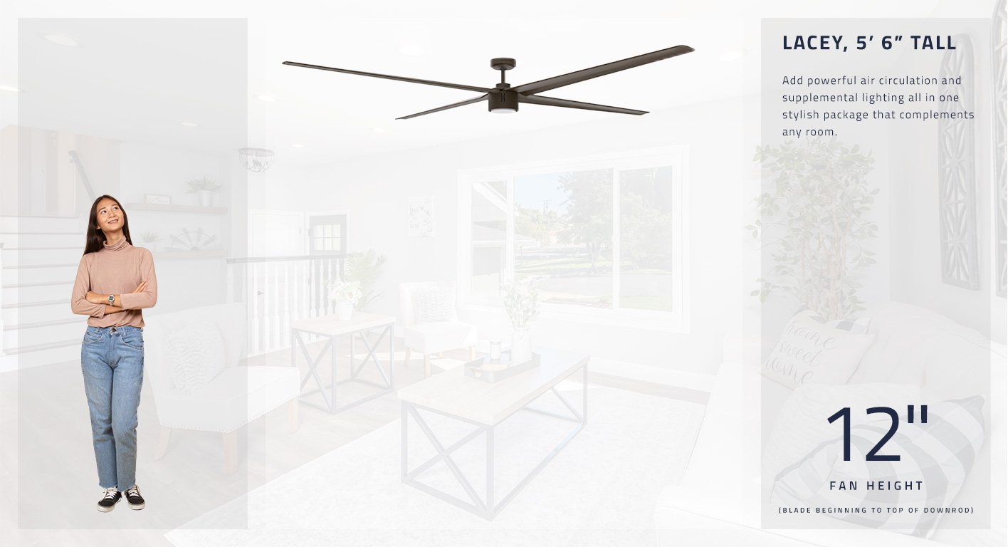 Add powerful air circulation and supplemental lighting all in one stylish package that complements any room. With the standard 6 in. downrod included, this fan hangs at 12 inches tall.