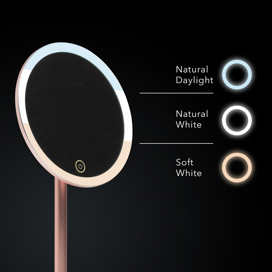 Nala lighted vanity travel mirror with 1X and 10X magnification and 3 light settings