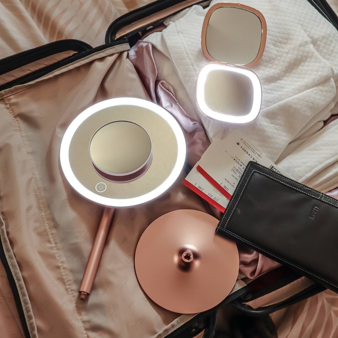 Nala lighted vanity travel mirror disassembles into 4 pieces