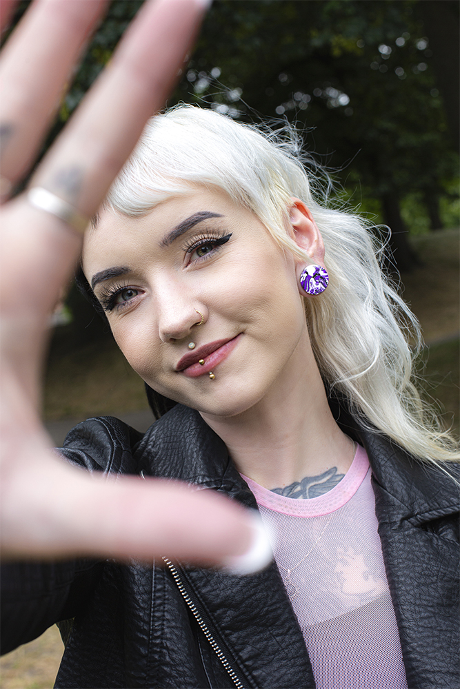Girl wearing cool  Marble White & Purple Stone Plug / Gauge