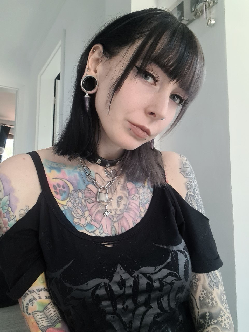 Girl wearing big  Amethyst & Silver Dangle Plug