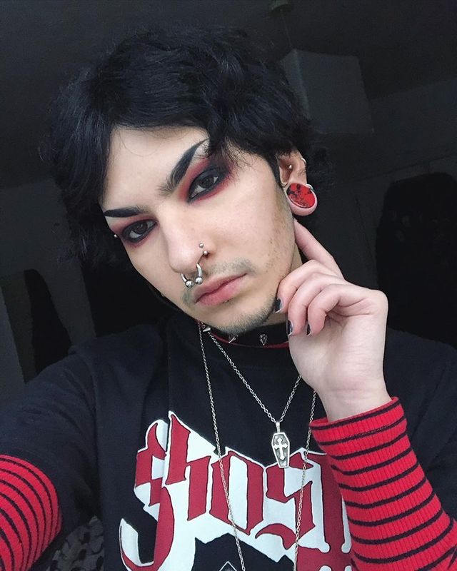 guy wearing goth  Marble Black & Red Stone Plug / Gauge