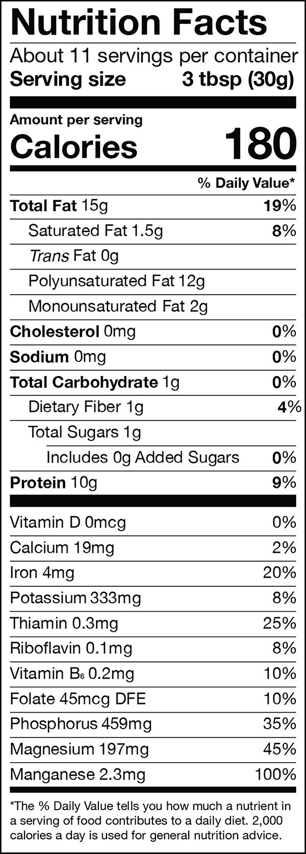 Organic Hemp Hearts Nutrition label