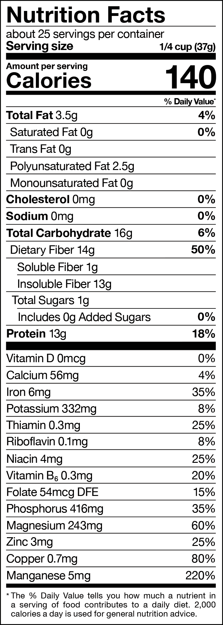 Max Fiber Unsweetened Nutrition label