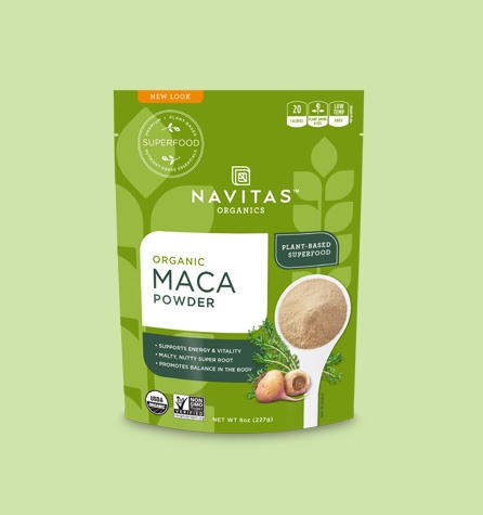 An unopened bag of Navitas Organics Maca Powder