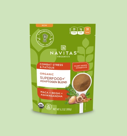 An unopened bag of Navitas Organics Superfoods+ Adaptogen Blend
