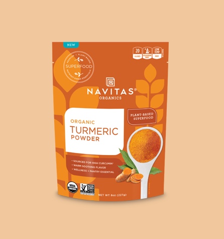 An unopened bag of Navitas Organics Turmeric Powder