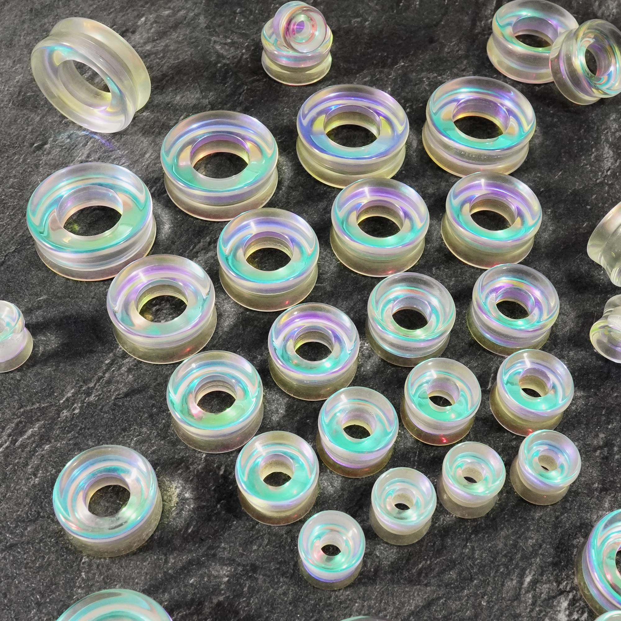  Blue & Green Iridescent Glass Ear Tunnel