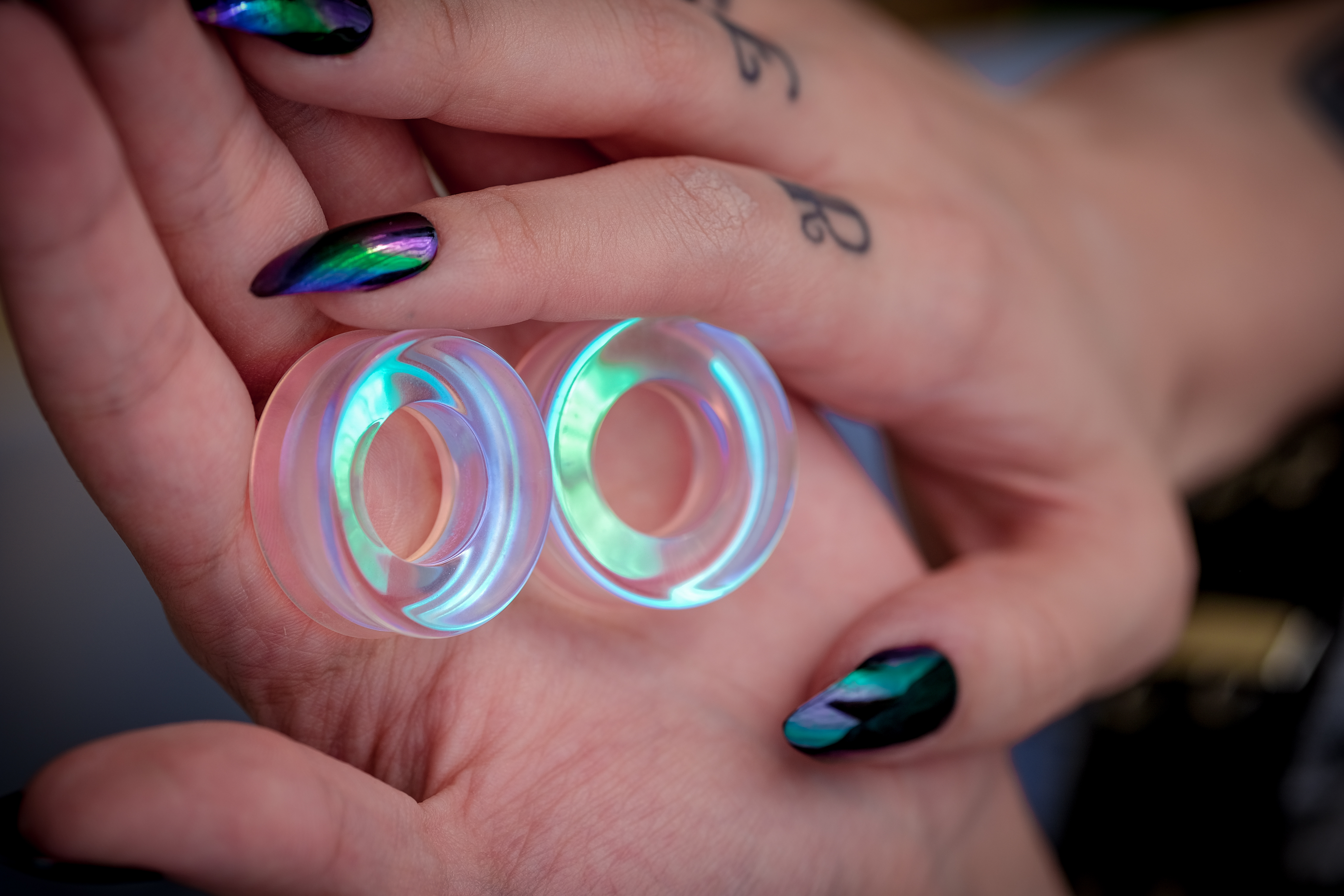 cool  Blue & Green Iridescent Glass Ear Tunnel