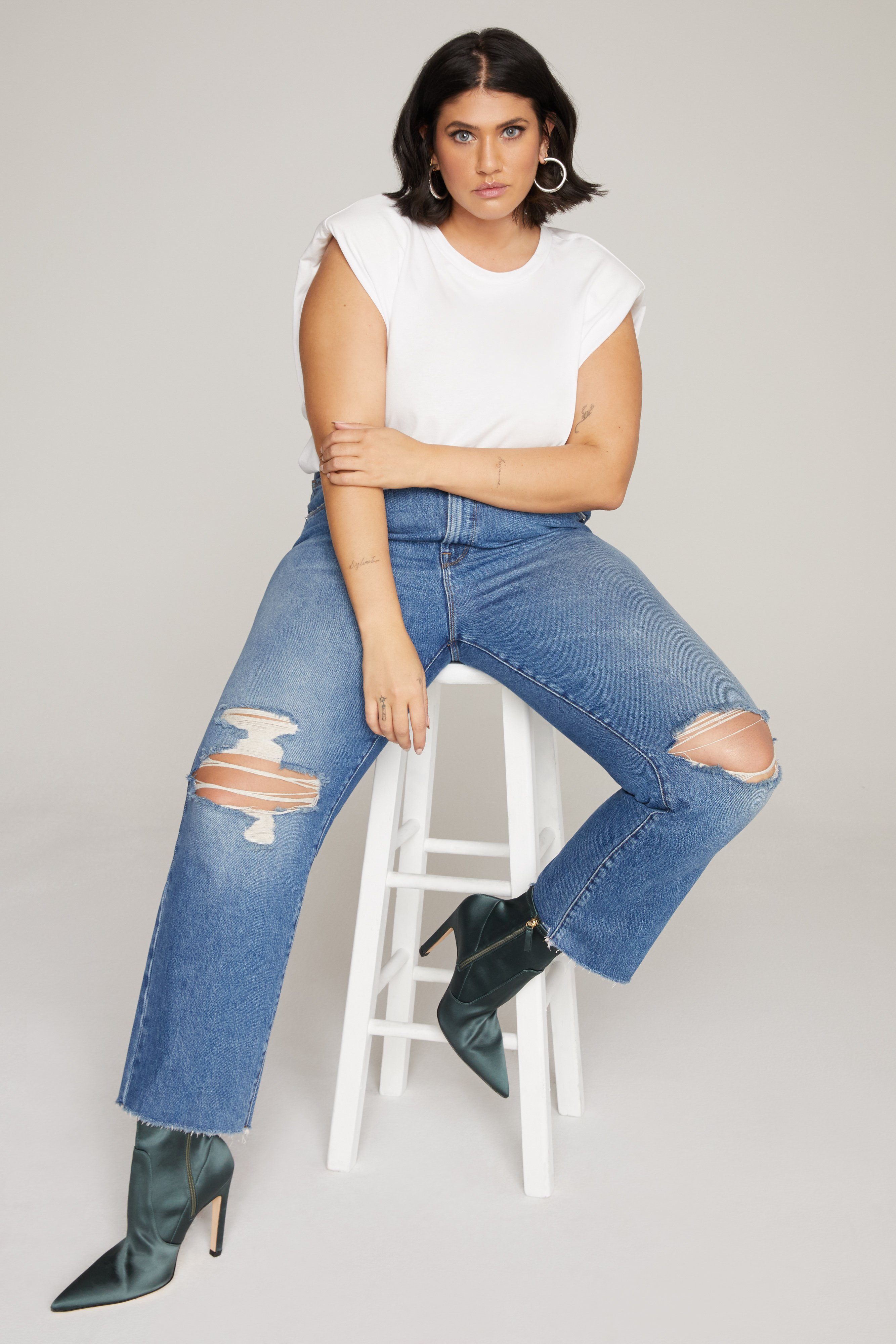 ICON BOOTIE 110 in SATIN GREEN001 styled with our THE CROP BOY TEE in WHITE001, POWER SHOULDER BODY in IVORY001, or GOOD VINTAGE in BLUE537