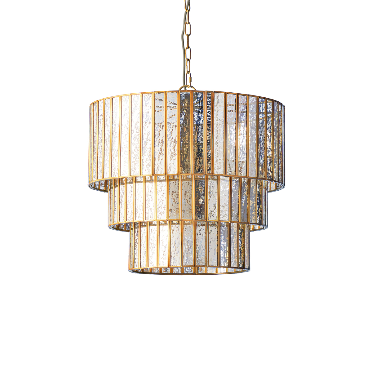 Three tiered Galactica chandelier in mercurised glass