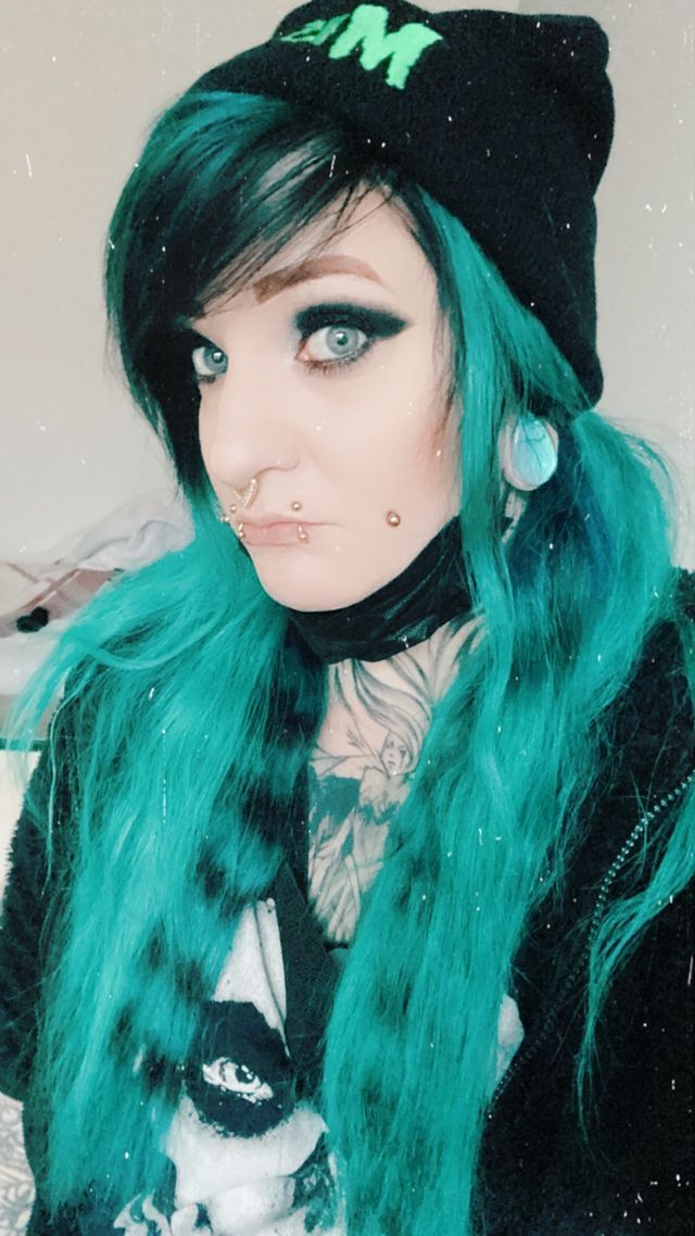 Female wearing emo  Blue & Green Iridescent Teardrop  Glass Plug / Gauge