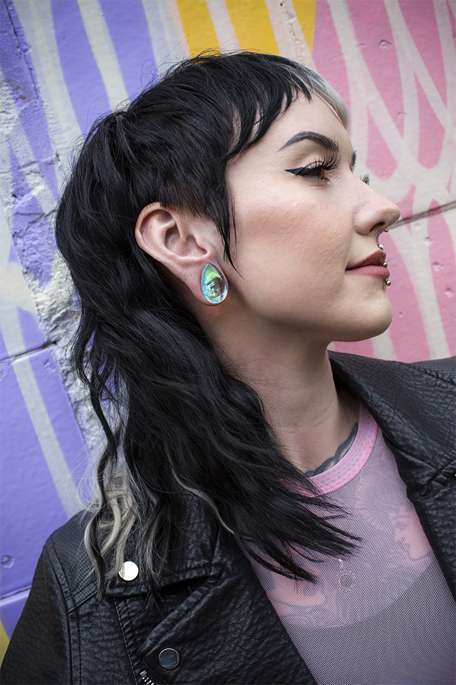 Women wearing large  Blue & Green Iridescent Teardrop  Glass Plug / Gauge