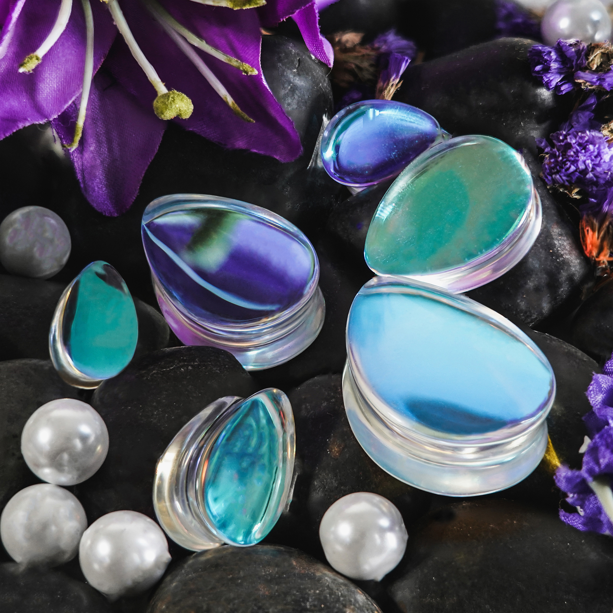 Alternative  Blue & Green Iridescent Teardrop  Glass Plug / Gauge