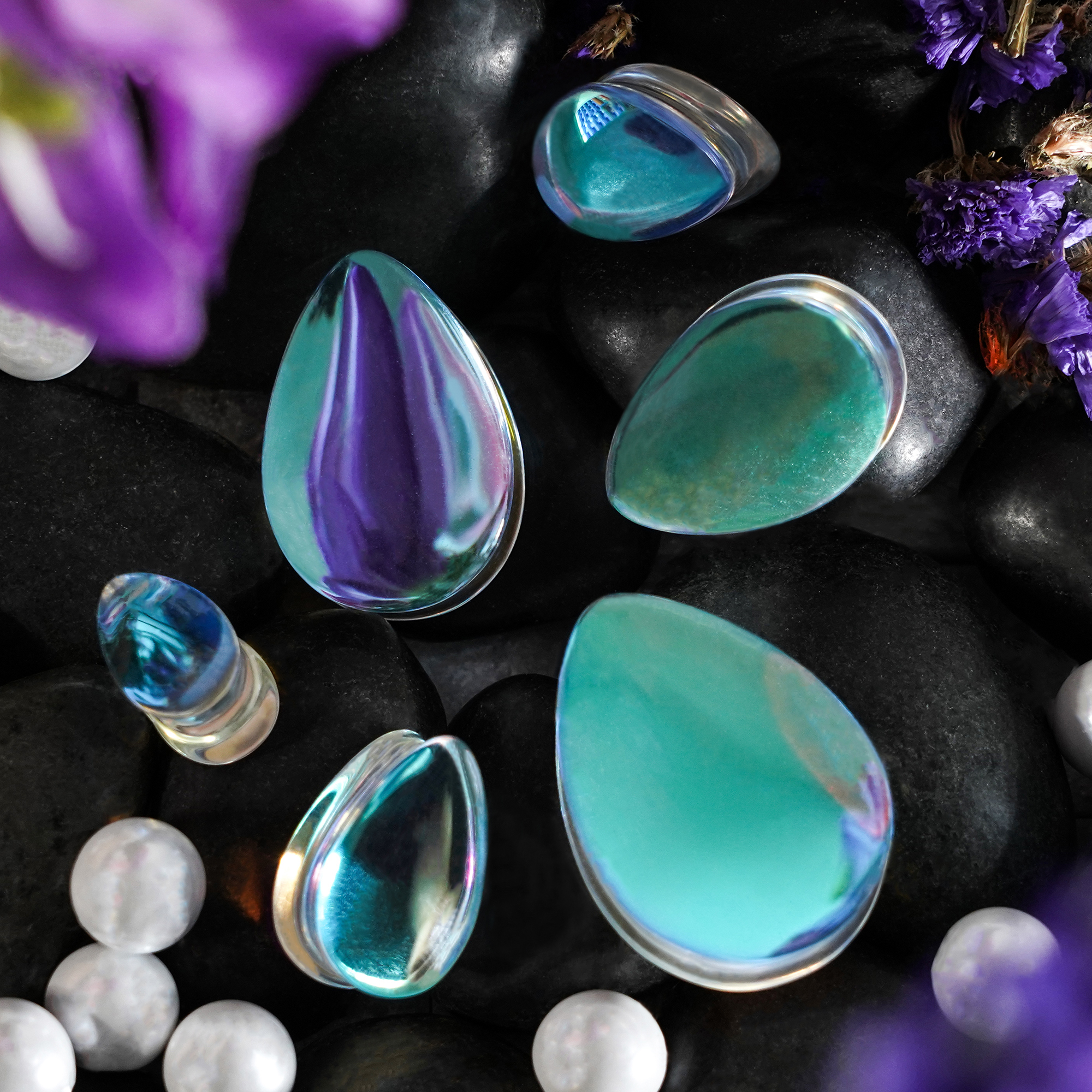 Unique  Blue & Green Iridescent Teardrop  Glass Plug / Gauge