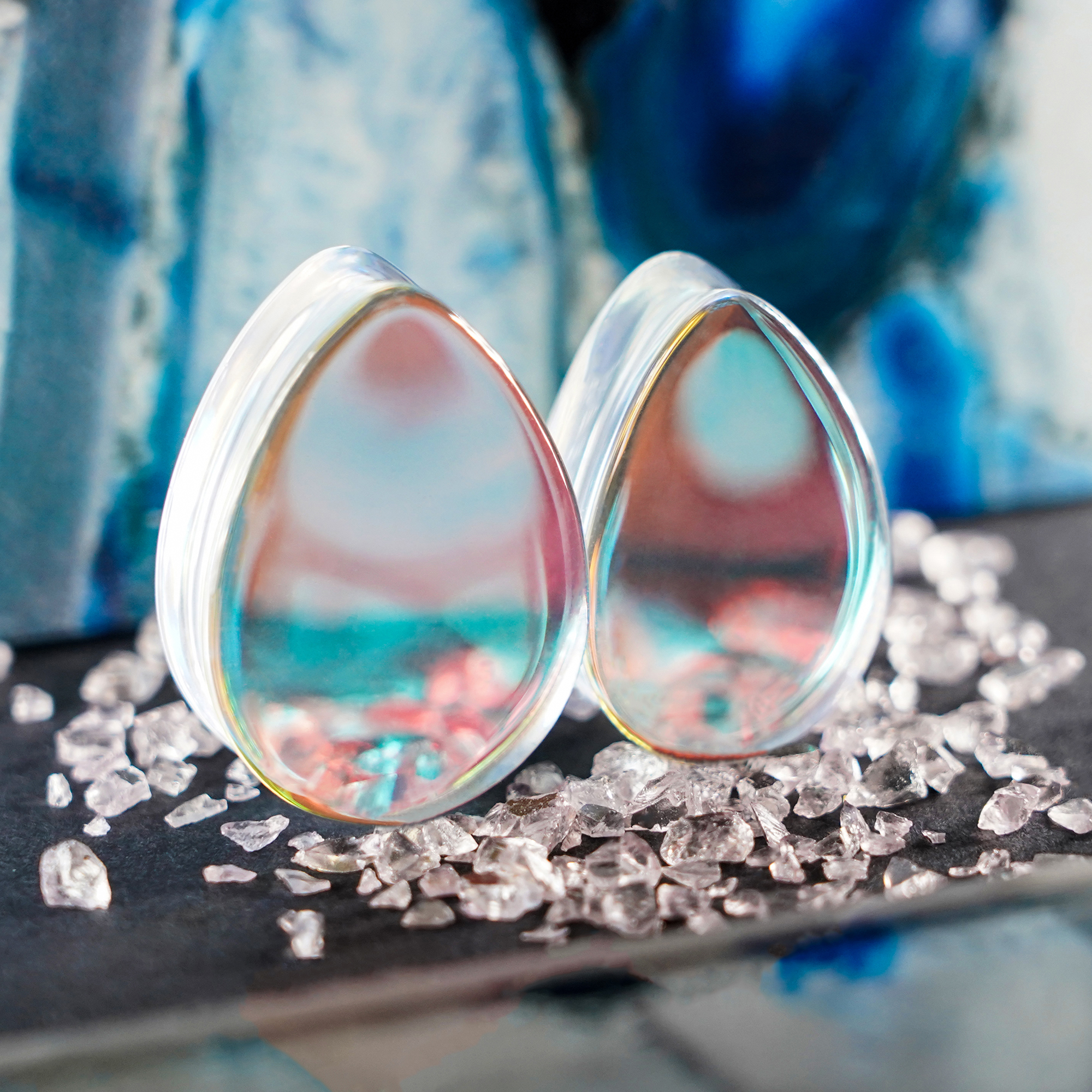 Cute  Blue & Green Iridescent Teardrop  Glass Plug / Gauge