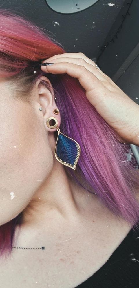 unique  Blue & Gold Steel Dangle Feather Plug / Tunnel / Gauge