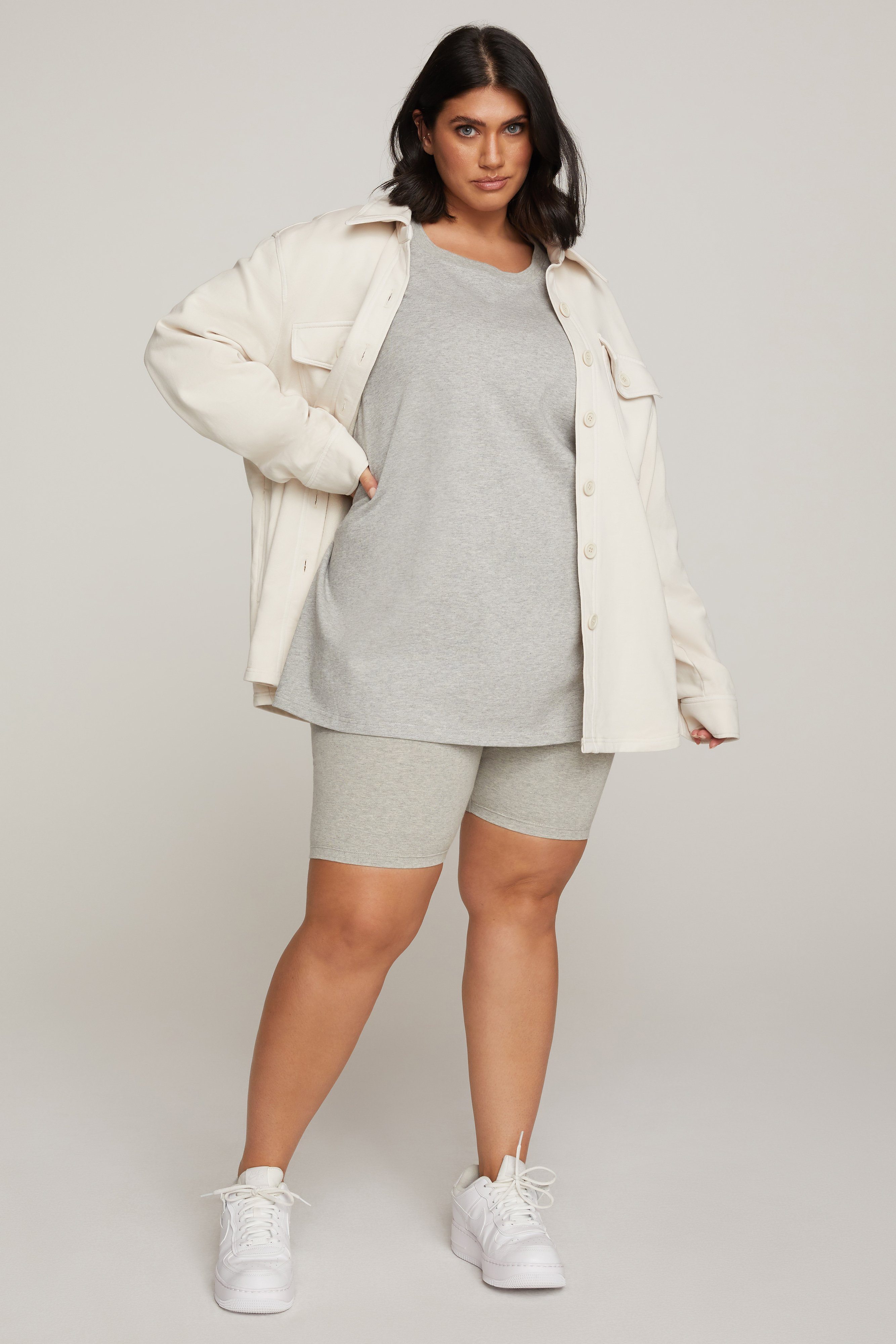 FLEECE SHACKET in BONE001 styled with our ESSENTIAL BOYFRIEND CREW TEE in HEATHER GREY001,