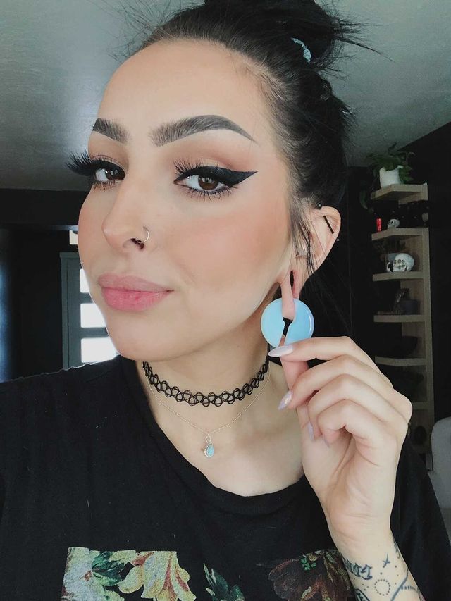 Girl wearing pretty Opalite Glass - Circular Keyhole Ear Weights (Pair)