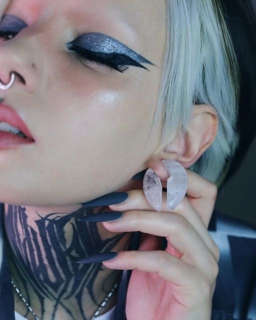 Girl wearing small  Clear Quartz Stone - Pincer Keyhole Ear Weights (Pair)