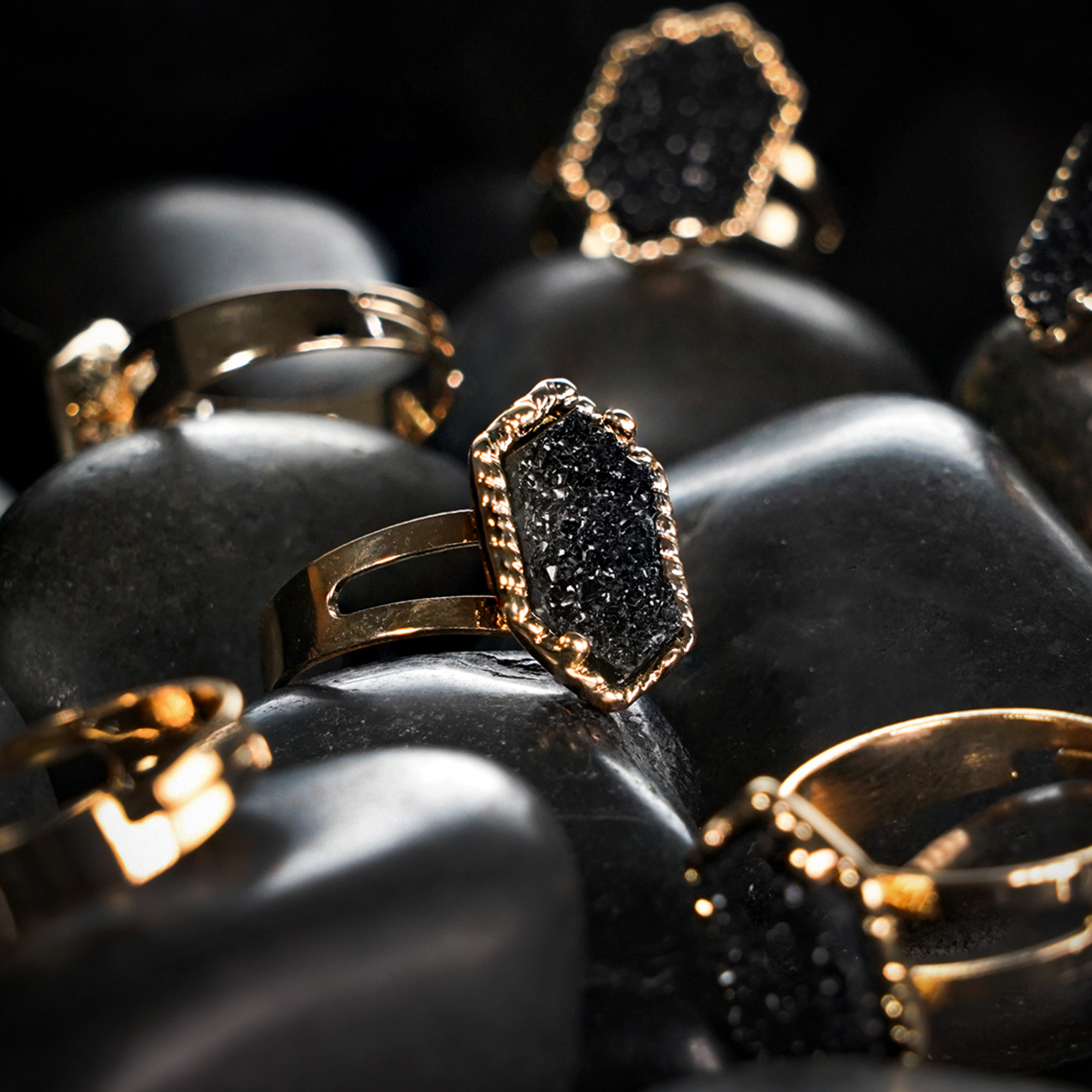 Custom Plugs - Black & Gold Druzy Ring