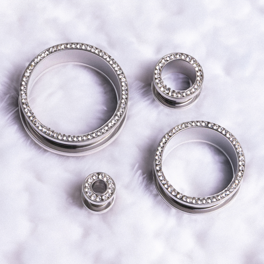 Beautiful  Silver Clear Diamond Screwback Stainless Steel Tunnel