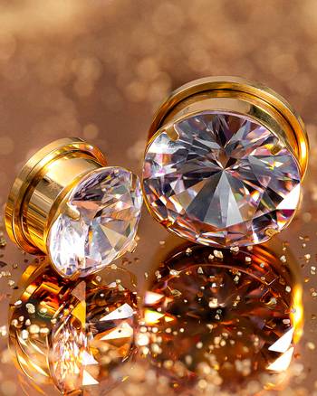 Unique Gold Clear Diamond Steel Ear Stretching Plug / Gauge