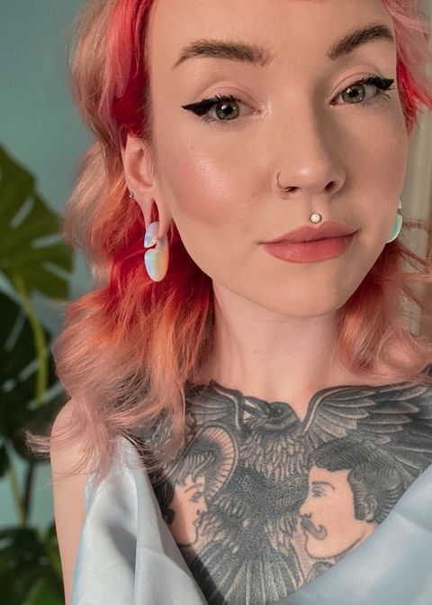 Girl wearing pretty  Opalite Glass - Oval Keyhole Ear Weights (Pair)