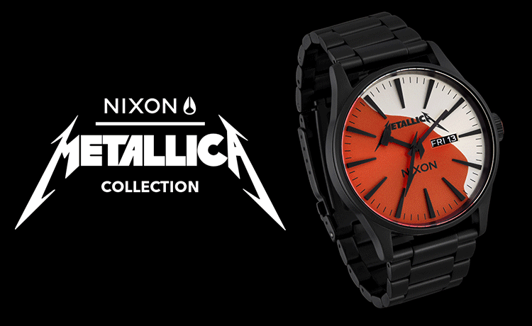 Nixon and Metallica logo lock up with all three watches shown on a black background.